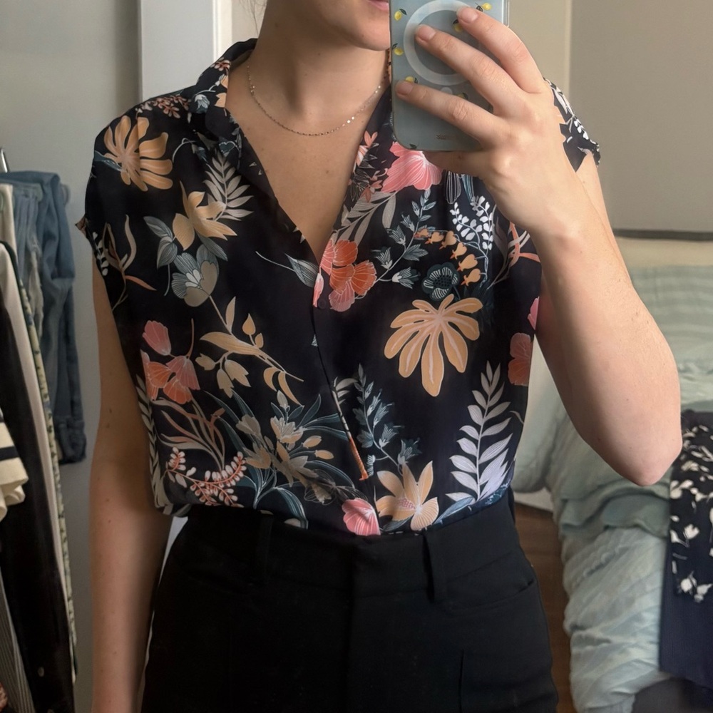 LOFT Floral Button Down Shirt - Black and Pink